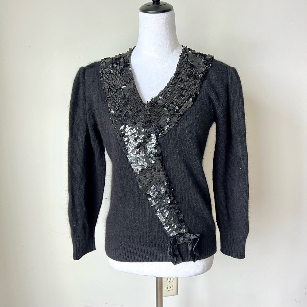 Vintage LE CHOIS Black V-Neck Silk/Angora Blend Sequin Detail Sweater—SZ. Small